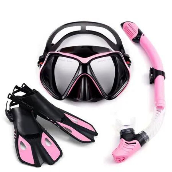 Diving Mask Fin Snorkel Set Panoramic View Snorkel Mask Adjustable Dive Flipper Dry Top Snorkel Color Pink Size S/M