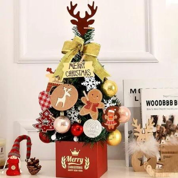 DIY 60cm Desktop Christmas Tree Office Decors Artificial Pine Tree with Ornaments LED String Lights Decorations