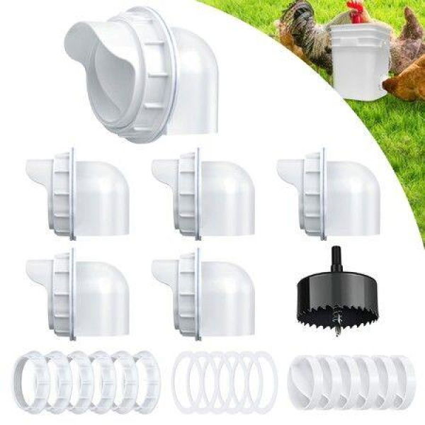 DIY Chicken Feeder No Waste - 6 Pcs Automatic Poultry Feeder Port With Stopper & Hole Saw Waterproof & Rodent Proof Gravity Chicken Feeder Kits For Buckets Barrels Bins Troughs (White)