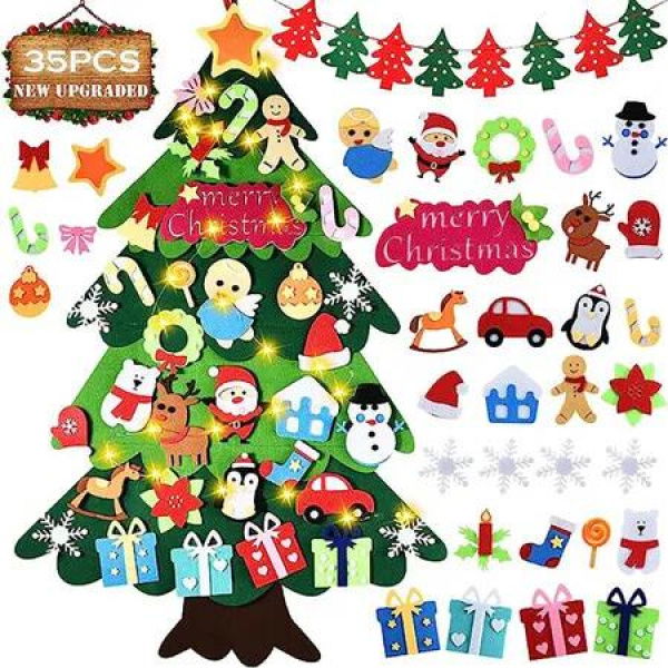 DIY Felt Christmas Tree 35 Pcs Xmas Decorations with Snowflake Snowman Reindeer Candy Crutch Wall Hanging Christmas Decoration