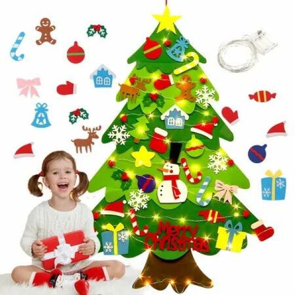 DIY Felt Christmas Tree Wall Hanging Xmas Tree with 36pcs Ornaments 3m 50 LEDs String Lights Christmas Decoration 98x69cm