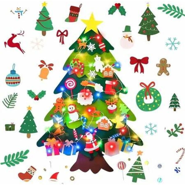 DIY Felt Christmas Tree with 32pcs Ornaments Family 3D Fake Xmas Tree with 20 LED Lights for Kids Home Door