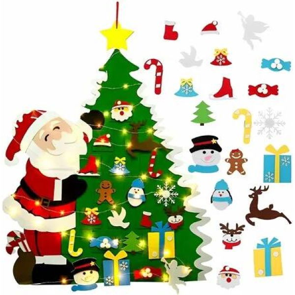 DIY Felt Christmas Tree with 32pcs Ornaments Family 3D Fake Xmas Tree with 20 LED Lights for Kids Home Door(Santa Claus)