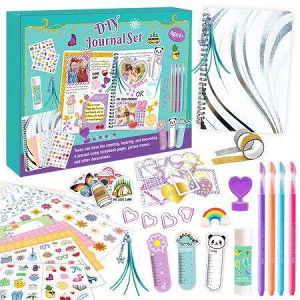 DIY Journal Set For Kids Creative Scrapbooking Kit Personalized Decorating Kit with Stickers, Washi Tape & Coloring Tools Girls Boys Art Craft Set