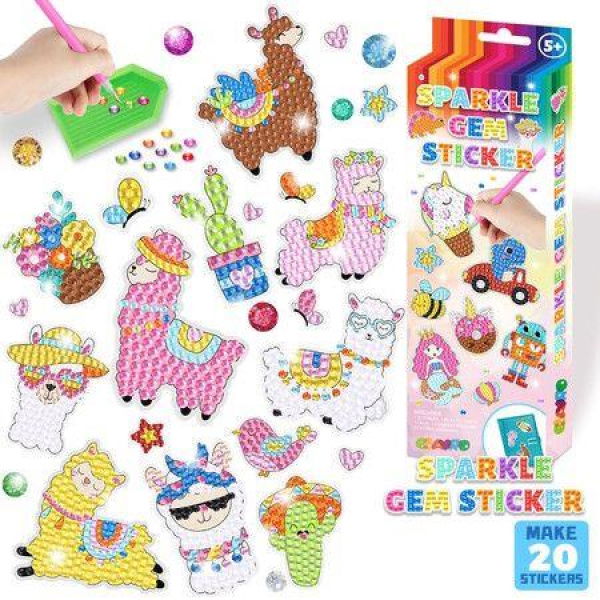 DIY Sparkle Gem Children's Kids 6 Stickers Cartoon Diamond Painting,Fun Arts and Crafts Kits Magical Cute Art 19x19cm Alpaca