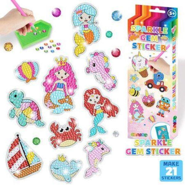 DIY Sparkle Gem Children's Kids 6 Stickers Cartoon Diamond Painting,Fun Arts and Crafts Kits Magical Cute Art 19x19cm Mermaid