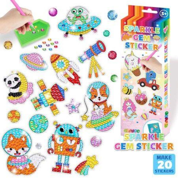 DIY Sparkle Gem Children's Kids 6 Stickers Cartoon Diamond Painting,Fun Arts and Crafts Kits Magical Cute Art 19x19cm Sparce