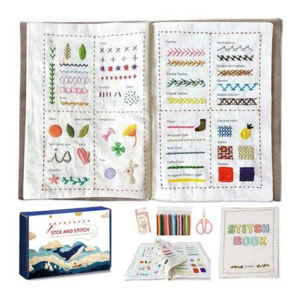 DIY Stitch Book, Embroidery Stitch Book on Linen Fabric, Comprehensive Guide with Various Patterns, Contains Multiple Sewing Tools