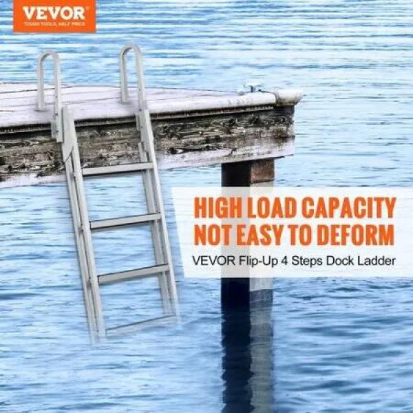 Dock Ladder Flip Up 4 Steps 159kgs Load Capacity Aluminum Pontoon Boat Ladder with 4' Wide Step & Nonslip Rubber MatSwimm Step Ladder