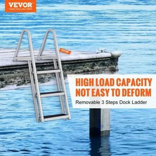 Dock Ladder Removable 3 Steps 159 kg Load Capacity Aluminum Alloy Pontoon Boat Ladder with 101.6 mm Wide Step & Nonslip Rubber Mat Easy to Install