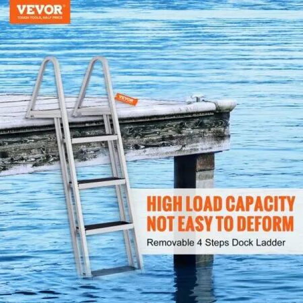 Dock Ladder Removable 4 Steps 350 lbs Load Capacity Aluminum Alloy Pontoon Boat Ladder with 4'' Wide Step & Nonslip Rubber Mat Easy to Install