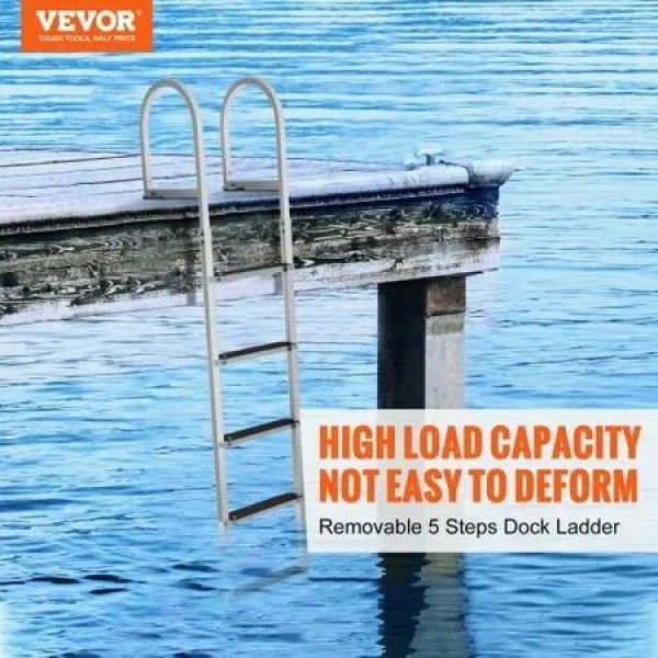 Dock Ladder Removable 5 Steps 227 kgs Load Capacity Aluminum Alloy Pontoon Boat Ladder with 3.1'' Wide Step & Nonslip Rubber Mat Easy to Install