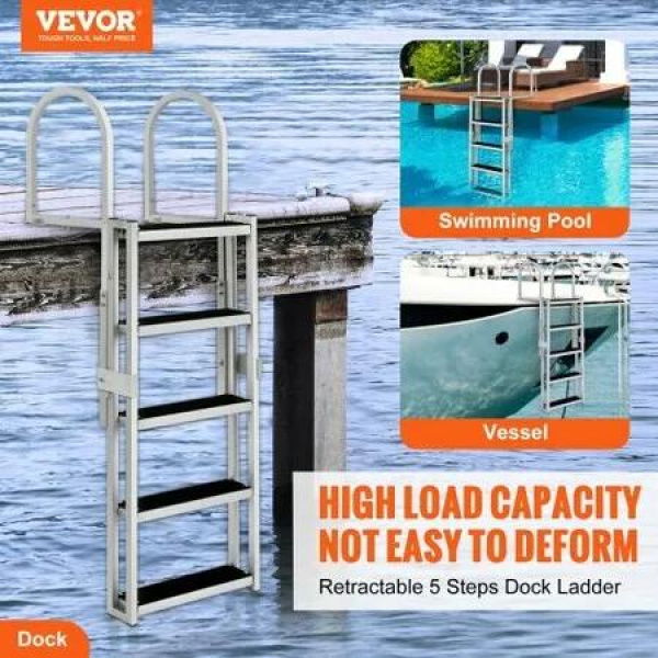 Dock Ladder Retractable 5 Steps 350 lbs Load Capacity Aluminum Alloy Pontoon Boat Ladder with 66.9''-78.9'' Adjustable Height 4'' Wide Step & Rubber Mat