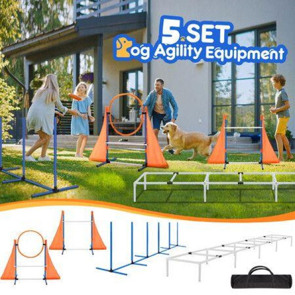 Dog Agility Training Equipment 5 Set Pet Obstacle Course Sports Exercise Kit Ladder Weave Poles Jump Bar Hurdle Ring Hoop Carry Bag