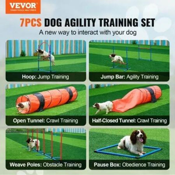 Dog Agility Training Equipment 7 PCS Set Upgrade w/ Hurdles 2 Tunnels Ring