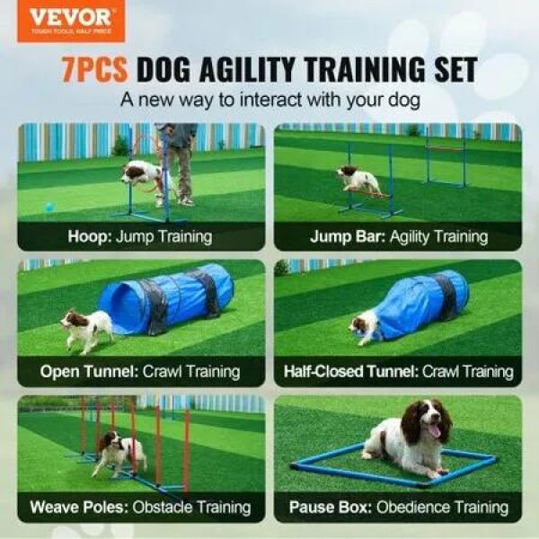 Dog Agility Training Equipment 7 PCS Set w/ Hurdles 2 Tunnels Jump Ring