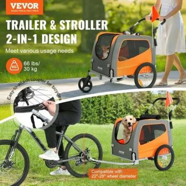 Dog Bike Trailer, Supports up to 30 kg, 2-in-1 Pet Stroller Cart Bicycle Carrier, Easy Folding Cart Frame with Quick Release Wheels, Universal Bicycle Coupler, Reflectors, Flag, Orange/Gray