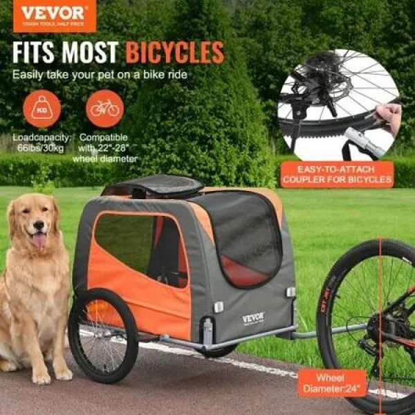 Dog Bike Trailer, Supports up to 30 kg, Pet Cart Bicycle Carrier, Easy Folding Frame with Quick Release Wheels, Universal Bicycle Coupler, Reflectors, Flag, Collapsible to Store, Orange/Gray