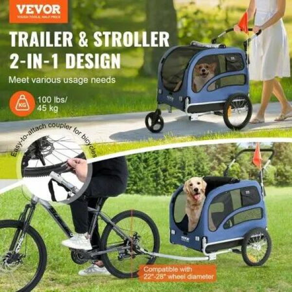 Dog Bike Trailer, Supports up to 45 kg, 2-in-1 Pet Stroller Cart Bicycle Carrier, Easy Folding Cart Frame with Quick Release Wheels, Universal Bicycle Coupler, Reflectors, Flag, Blue/Black