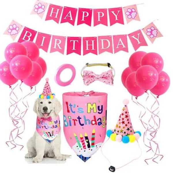Dog Birthday Party Outfit,Birthday Hat,Bow Tie,Bandana,Happy Birthday Banner,Balloons,Pet Themed Decorations for Puppy Color Pink