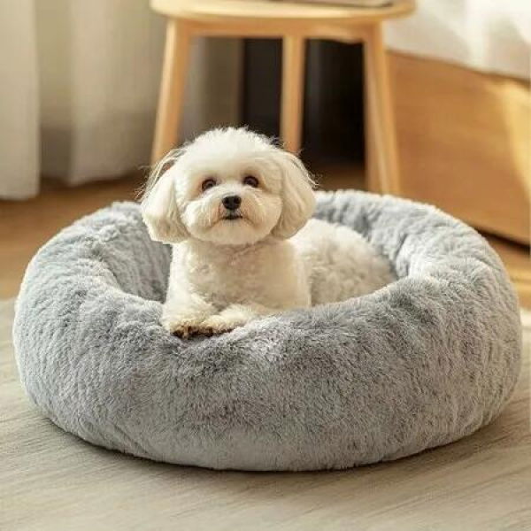Dog Calming Donut Bed, Fluffy Plush Pet Bed Pillow Sofa , Anti Anxiety Pet Bed Cuddle Round Cushion with Non-Skid Bottom Washable,Light Gray(XXL-100cm)