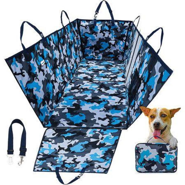 Dog Car Seat Cover - 2022 Upgraded 4-in-1 Blue Camo 100% Waterproof Travel Pet Seat Cover With Mesh Window.