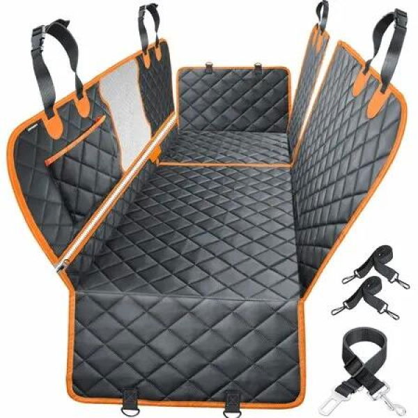 Dog Car Seat Cover for Back Seat, Waterproof Dog Car Hammock with Mesh Window, Non Slip Pet Backseat Protector for Cars, Trucks and SUVs, Black Orange