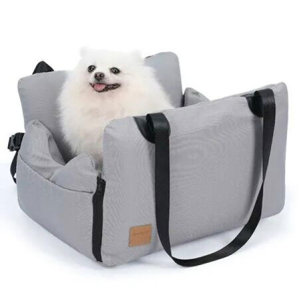 Dog Car Seat for Small Dogs: Booster Seat with Storage Pockets, Leash, and Washable Bed (Grey)