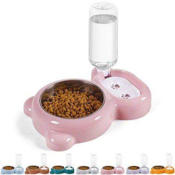 Dog Cat Bowls Pet Water Food Bowl Set With Auto Dispenser Bottle Detachable For Small Dogs Cats Rabbit - Pink