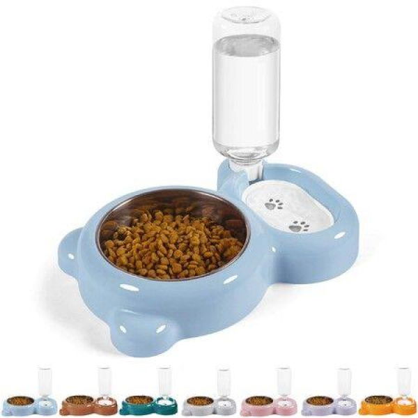 Dog Cat Bowls Pet Water Food Bowl Set With Auto Dispenser Bottle Detachable For Small Dogs Cats Rabbit-Blue