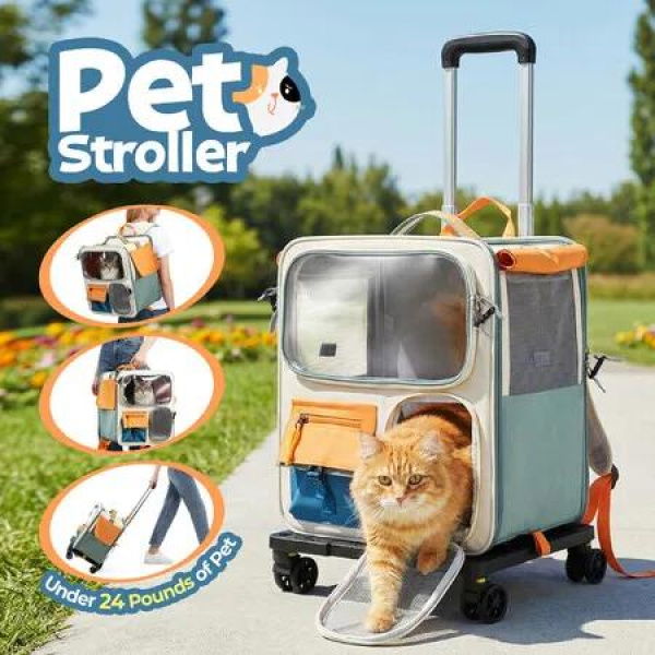 Dog Cat Carrier Stroller Pet Backpack Soft Sided Crate Travel Carry Bag Portable Animal Puppy Trolley Kennel Case Folding Luggage Suitcase with Wheels