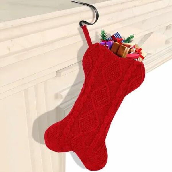 Dog Christmas Stocking with Mantle Holders,18' Large Bone Shaped Hanging Christmas Stocking for Dogs Cats Pets (Red)