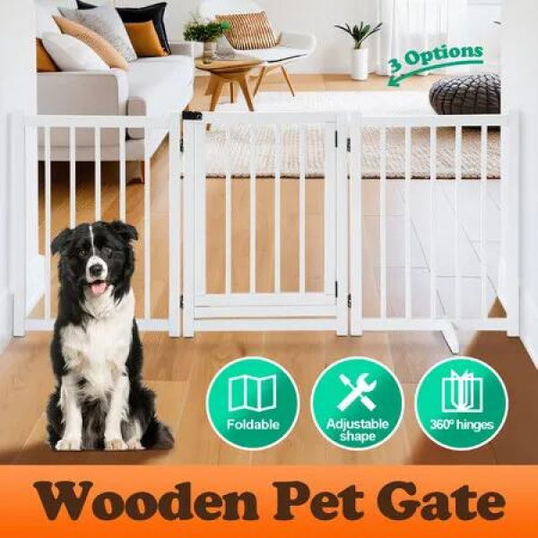 Dog Fence Pet Gate Puppy Safety Guard Indoor Wooden Playpen Foldable Cat Barrier Protection Net Stair Partition White 3Panels
