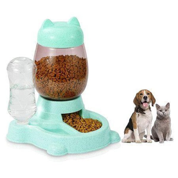Dog Food Feeder And Water Dispenser 2-in-1 Automatic Cat Feeder For Cats Dogs Puppies Rabbits And Other Pets (Green)
