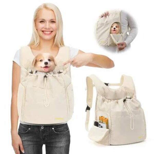 Dog Front Carrier Backpack,Adjustable Pet Dog Carrier Backpack Mesh Dog Travel Backpack with Zippered Side Windows for Dogs Cats(Beige-Max 15 lbs)