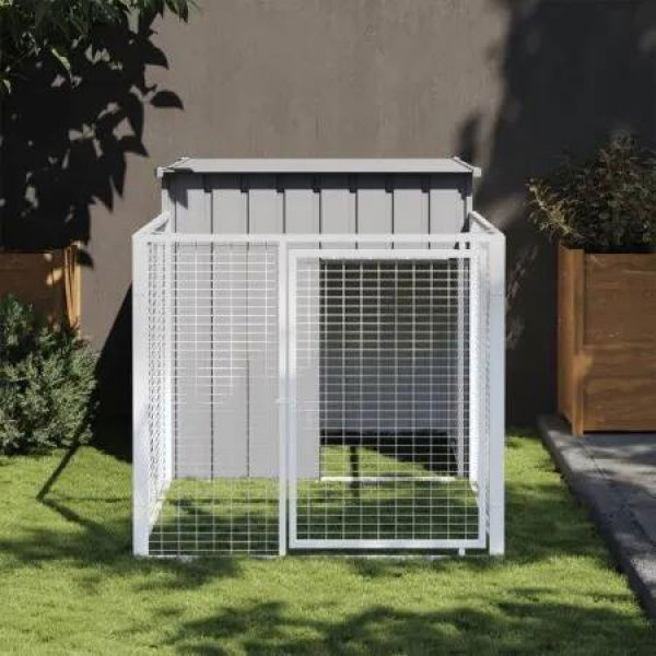 Dog House with Run Light Grey 110x201x110 cm Galvanised Steel