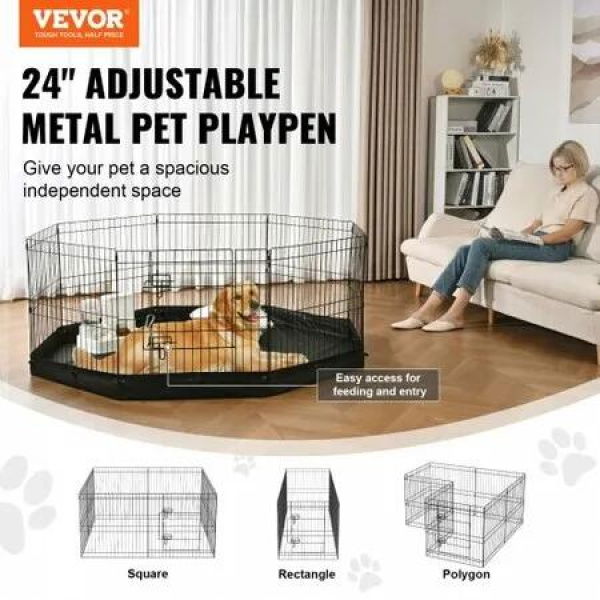 Dog Playpen, 8 Panels Foldable Metal Dog Exercise Pen with Bottom Pad, 24' H Pet Fence Puppy Crate Kennel with Ground Stakes, Indoor Outdoor Dog Pen for Small Medium Pets, for Camping, Yard