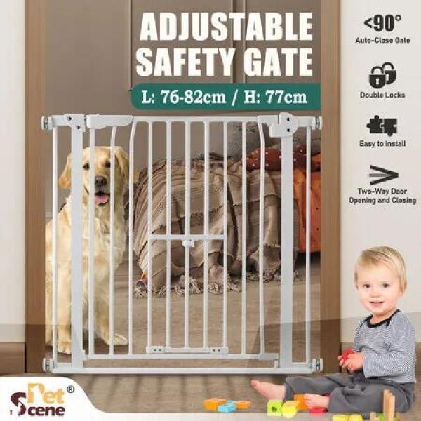 Dog Safety Gate Pet Fence Barrier Security Guard Adjustable Doorway Stairs Enclosure Low Containment System with Walk Through Cat Door 77cm Height