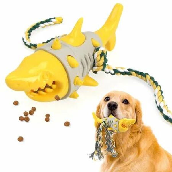 Dog Treat Dispensing Toy,Shark Shaped Puzzle Slow Feeder Toy Interactive Dog Chew Rope Teeth Cleaning Toys for Indoor Outdoor Dogs Puppy-Yellow