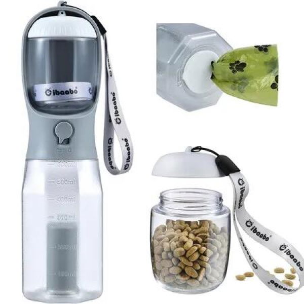 Dog Water Bottle with Food Container, Travel Puppy Water Bowl, Portable Pet Dispenser, Cat Walking and Hiking Dog Gift (Grey)