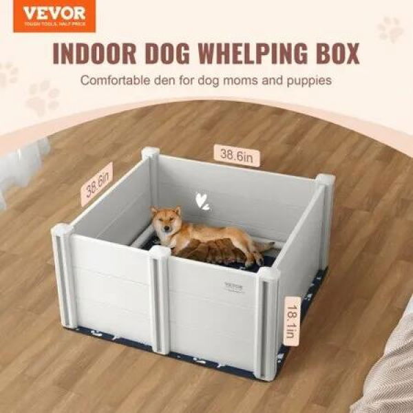 Dog Whelping Box 38.6x38.6x18.1in PVC with Rails Pee Pad for Dogs Puppies