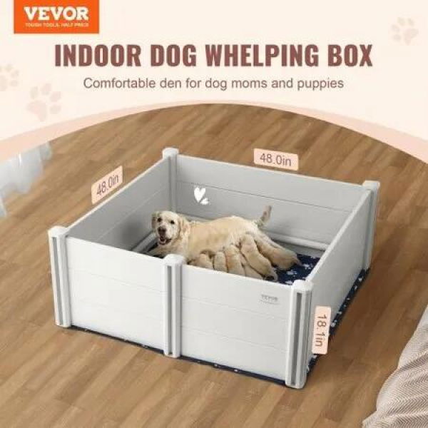 Dog Whelping Box 48 x 48 x 18.1in PVC with Rails Pee Pad for Dogs Puppies