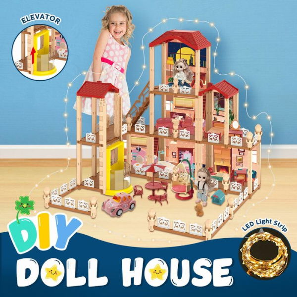 Doll House Barbie Dream Play Furniture Playhouses Toys Dollhouse Princess Castle Light With Elevator 8 Rooms 3 Stories 79cm