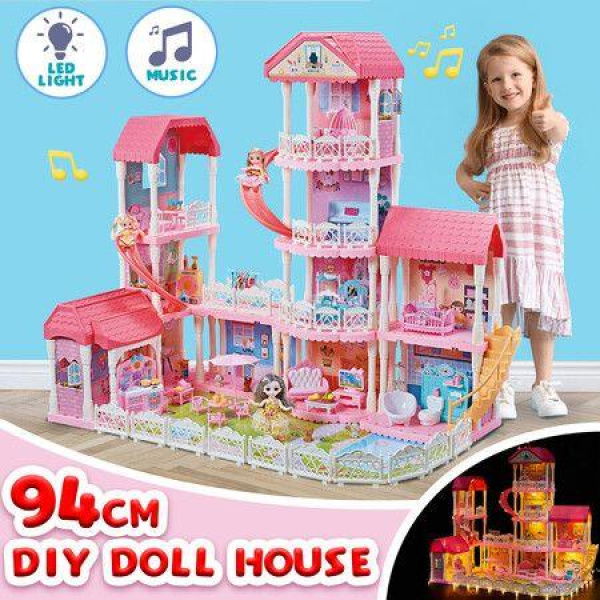 Doll House Dream Play Furniture Playhouses Toys Dollhouse Princess Castle Light Music 11 Rooms 4 Stories 93cm