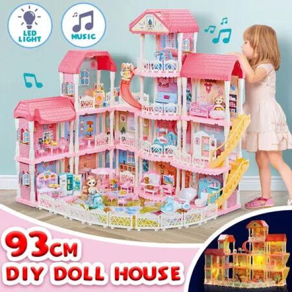 Doll House Dream Play Furniture Playhouses Toys Dollhouse Princess Castle Light Music 14 Rooms 4 Stories 93cm