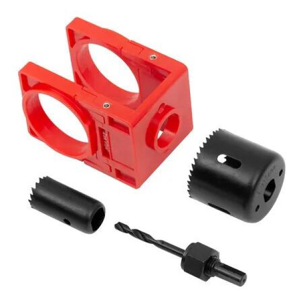 Door Lock Installation Kit, Door Lock Carbon Steel Hole Saw Set for Wooden Doors with Guide Template, Red