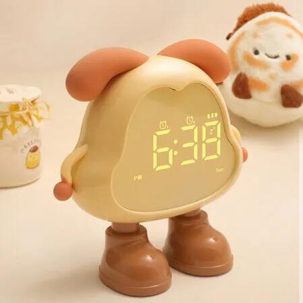 Dora Dog Alarm Clock for Bedrooms, LED Cute Bedside Alarm Clock with Digital Display Kids Sleep Trainer and Night Light (Brown)