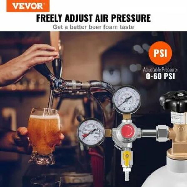 Double Gauge Regulator, CO2 Regulator Gauge with 0-60PSI, Heavy Duty CO2 Gauge Gas System, Draft Beer Regulator with Check Valve, Adjustable Pressure Regulator for Draft Beer Homebrew, CGA320