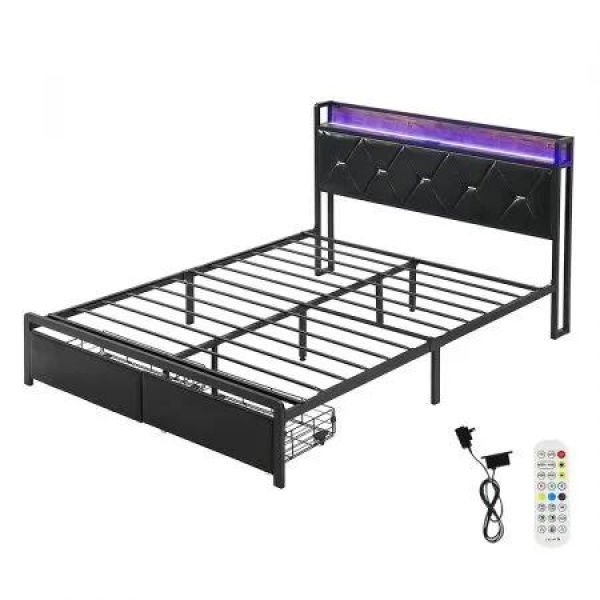 Double Metal Bed Frame LED Lights 2 Drawers