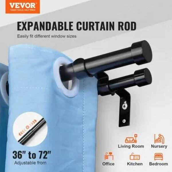 Double Rod Curtain Rods 36-72 inches(3-6ft) Adjustable Length Black Double Curtain Rods with Cap Finials 1' and 3/4' Diameter Double Window Drapery Rod